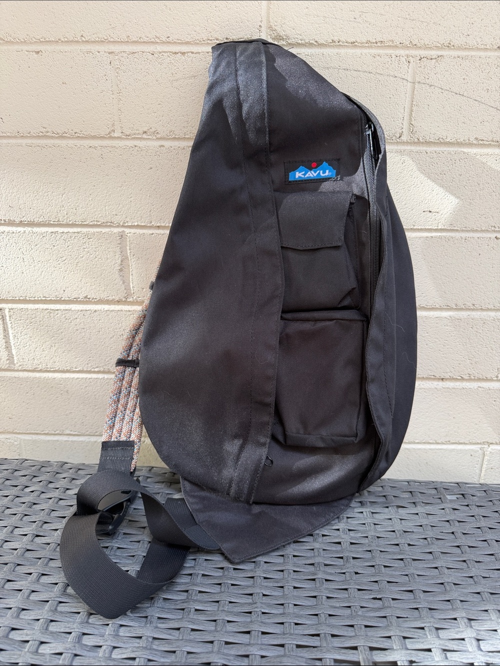 Kavu Black Crossbody Sling Bag with Patterned Strap